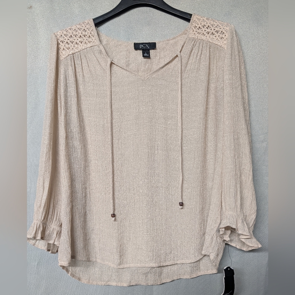 BCX Women's Cream Peasant Blouse with Crochet Yoke Size Large